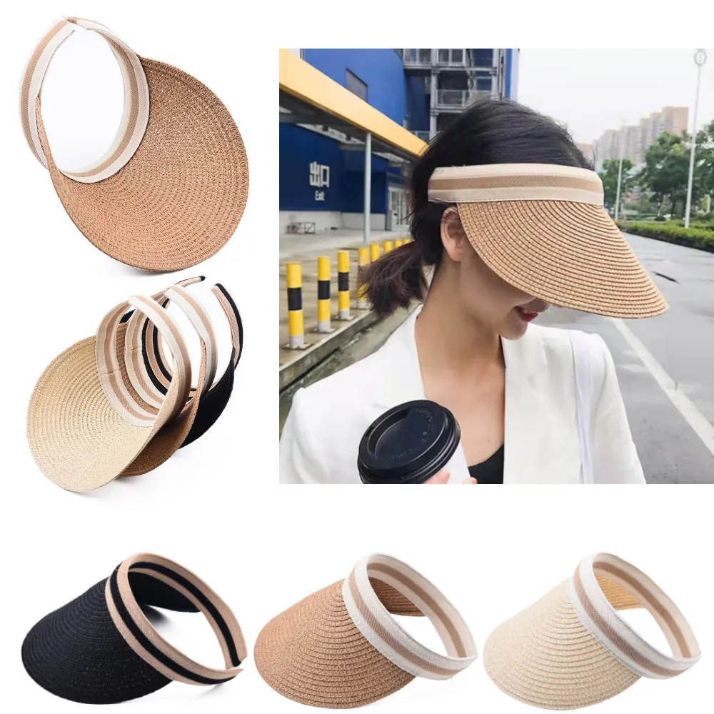 Sun Visor Hat Straw Woven Wide Brim UV Protection Outdoor Beach Casual Empty Top Summer Cap For Women
