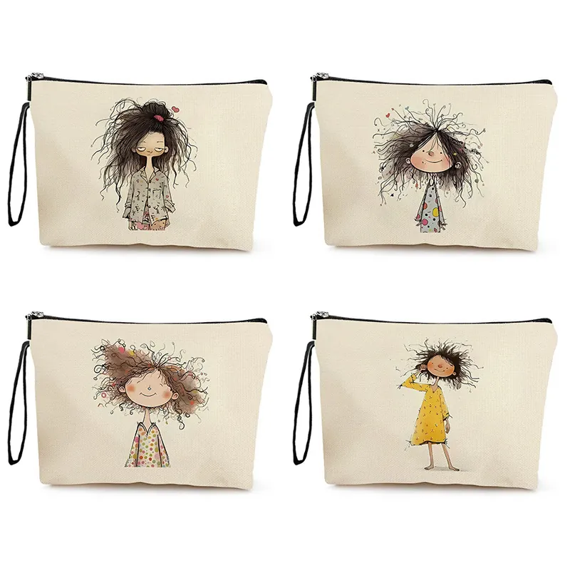 Trousse De Toilette En Lin Fin Pochette De Maquillage Avec Fermeture Éclair Et Dragonne Illustration Fille Dessin Animé Femmes