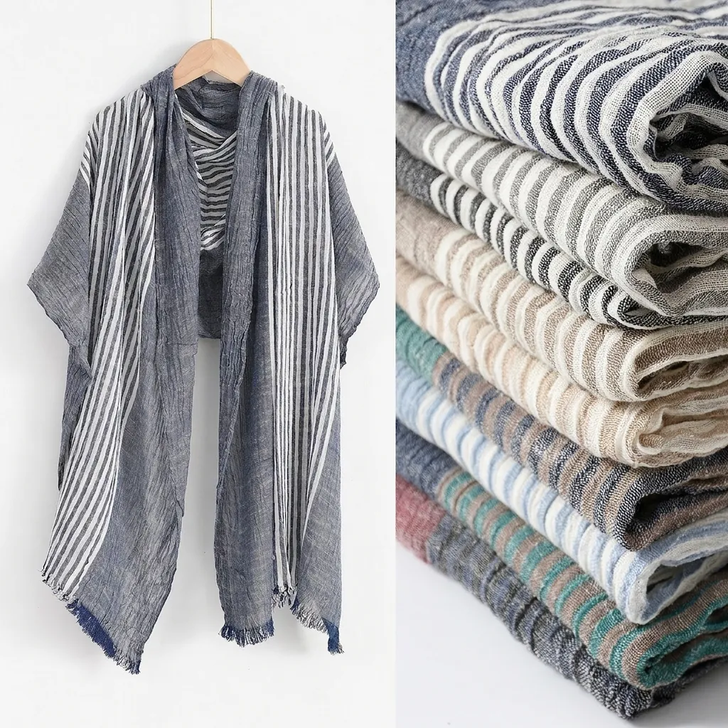 Men Striped Rayon Scarf Lightweight Crinkled Texture Fringed Long Casual Wrap Neck Warmer Pashmina