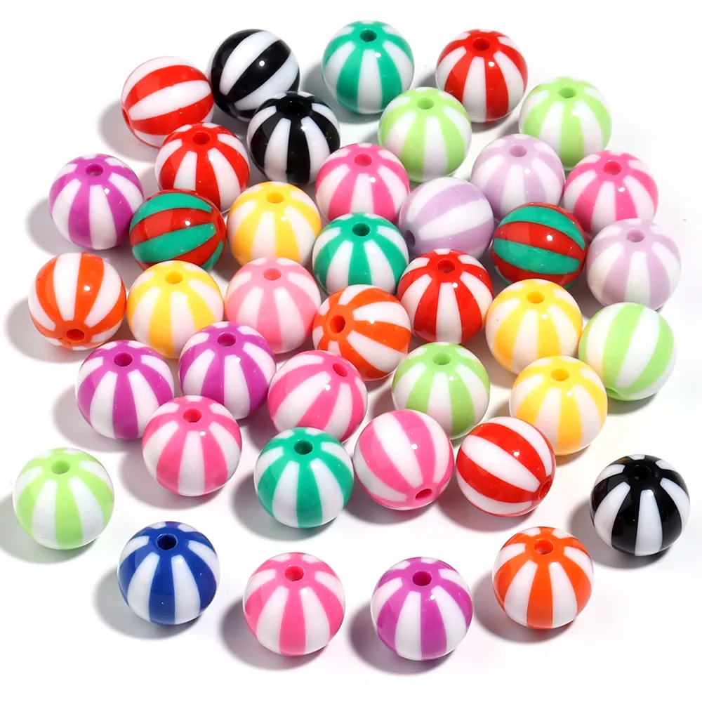Acrylic Striped Round Beads Colorful Candy Vertical Stripe Large Hole DIY Jewelry Making Craft Supplies
