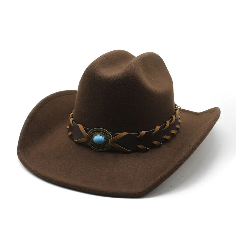 Western Cowboy Hat Wide Brim Felt Fedora With Braided Leather Band And Turquoise Decor For Men Women Sun Protection
