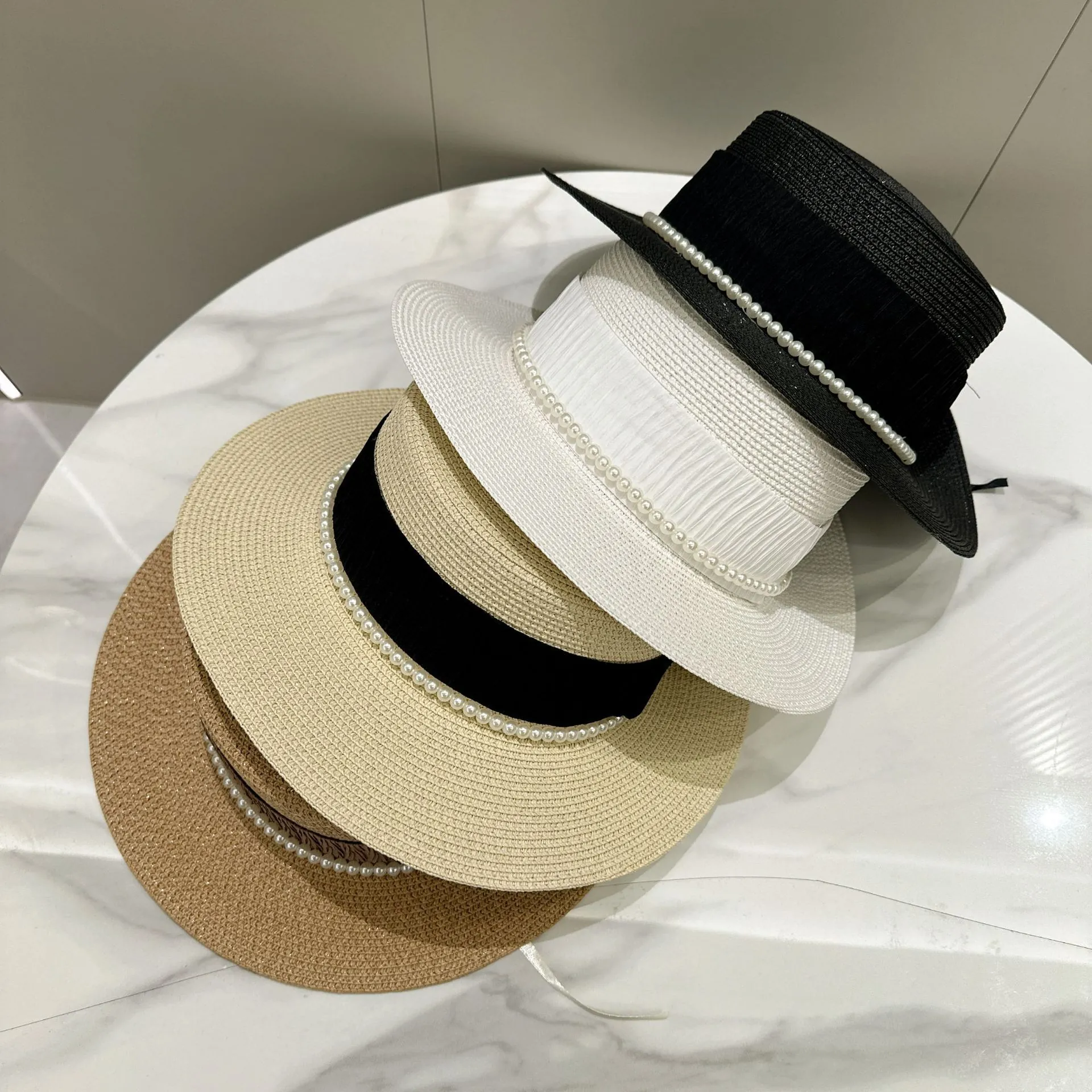Elegant Women Boater Straw Hat Flat Top Wide Brim Artificial Pearl Ribbon Sun Protection Summer Beach French Style Retro