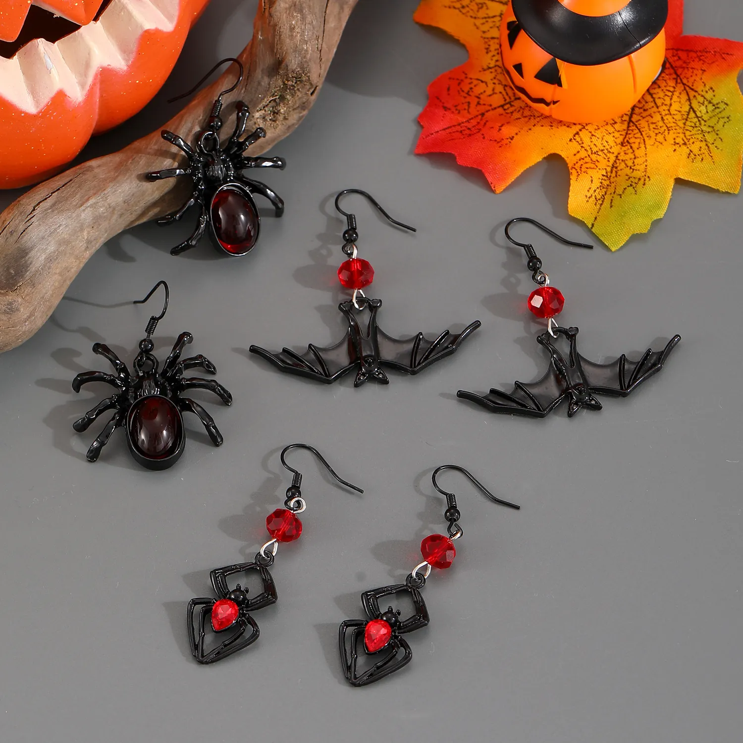 Gothic Halloween Dangle Earrings Alloy Red Rhinestone Spider Bat Skull Punk Party Accessory Women