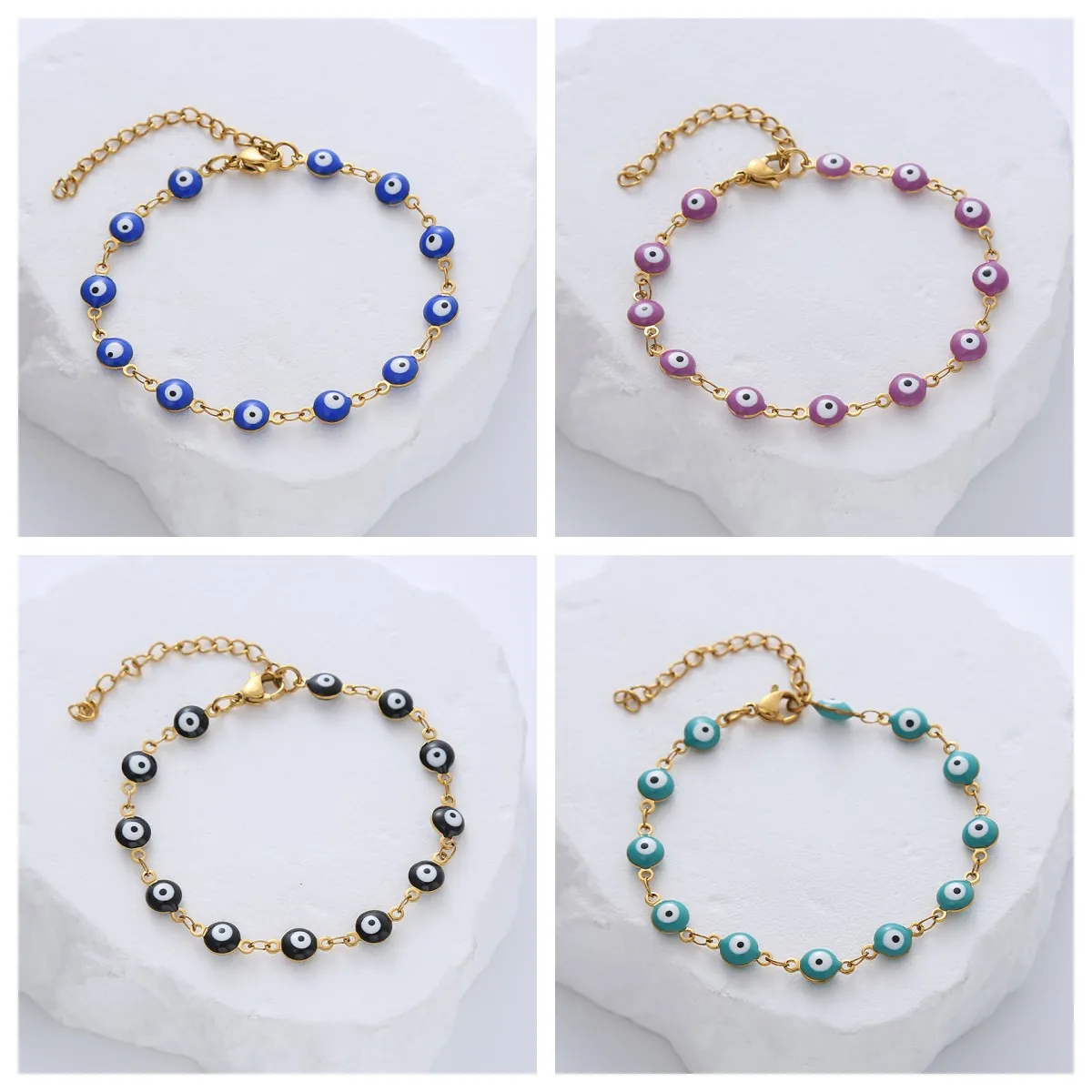 Evil Eye Bracelet Stainless Steel Gold Plated Enamel Round Charm Lucky Amulet Adjustable Jewelry For Women Men