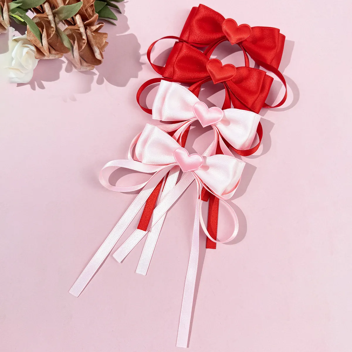 Satin Ribbon Bow Hair Clips With Heart Decor Long Streamers Sweet Princess Style Handmade Alligator Clips For Women