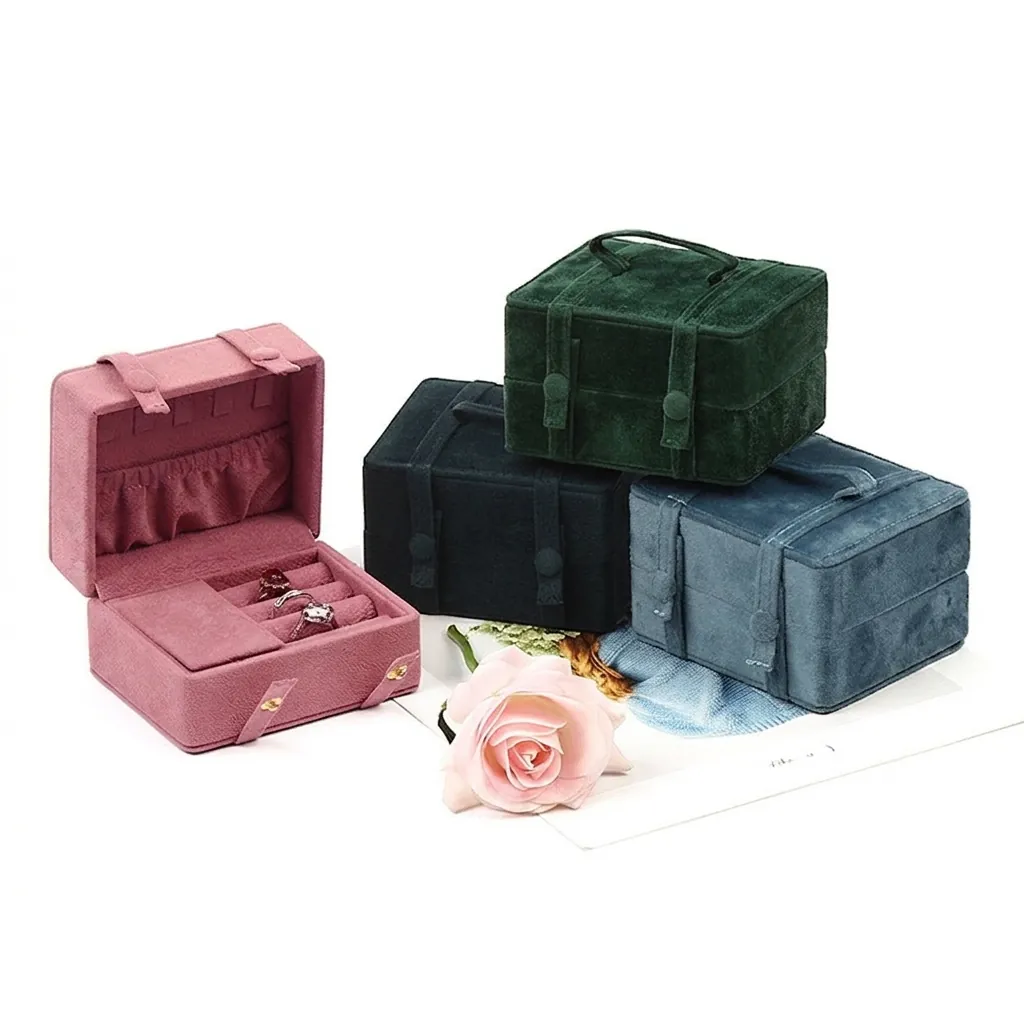 Velvet Jewelry Box Portable Travel Organizer Case With Handle And Snap Button Closure For Rings Necklaces Earrings