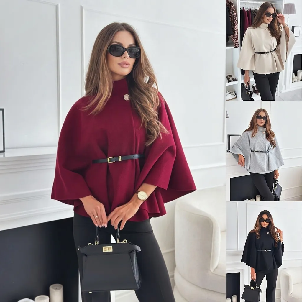Manteau Cape Élégant pour Femme Couleur Unie Poncho en Laine Avec Ceinture Col Tailleur Vêtements d'Extérieur Automne Hiver