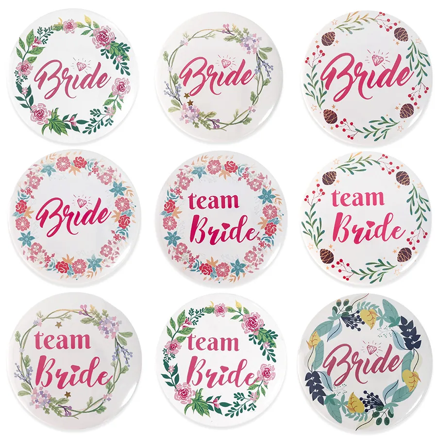 Floral Wreath Design Wedding Badges Tinplate Pins For Bachelorette Party Bridal Shower Bride And Team Bride Decoration