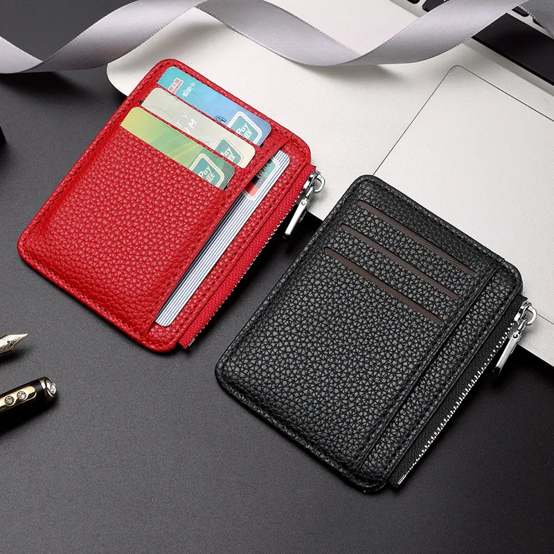 Porta Carte Da Donna In Pelle PU Sottile Portamonete Con Cerniera Motivo Litchi Portafoglio Carte Di Credito Chic Minimalista