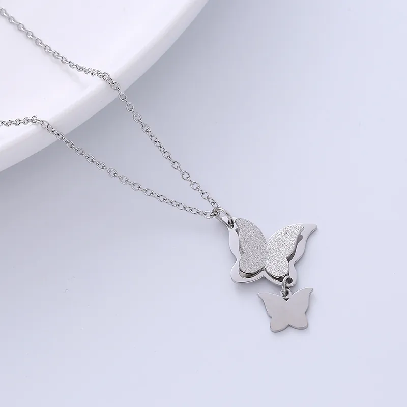 Double Butterfly Pendant Necklace 316L Stainless Steel Frosted Polished Finish Minimalist Jewelry Gift For Women