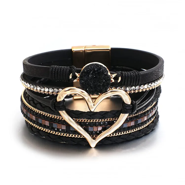 Bracciale Multistrato Boho Pelle PU Lega Infinity Ciondolo Cuore Strass Chiusura Magnetica Moda Donna