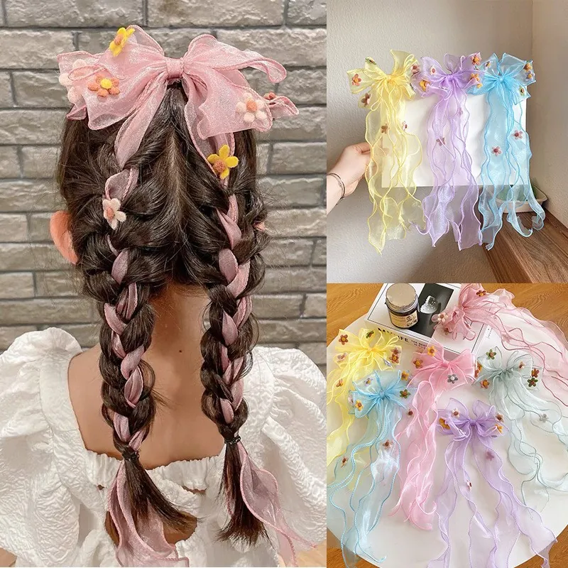 Girls Mesh Organza Bow Hair Clips With Long Streamers Flower Embroidery Sweet Korean Style Hairpin Headwear