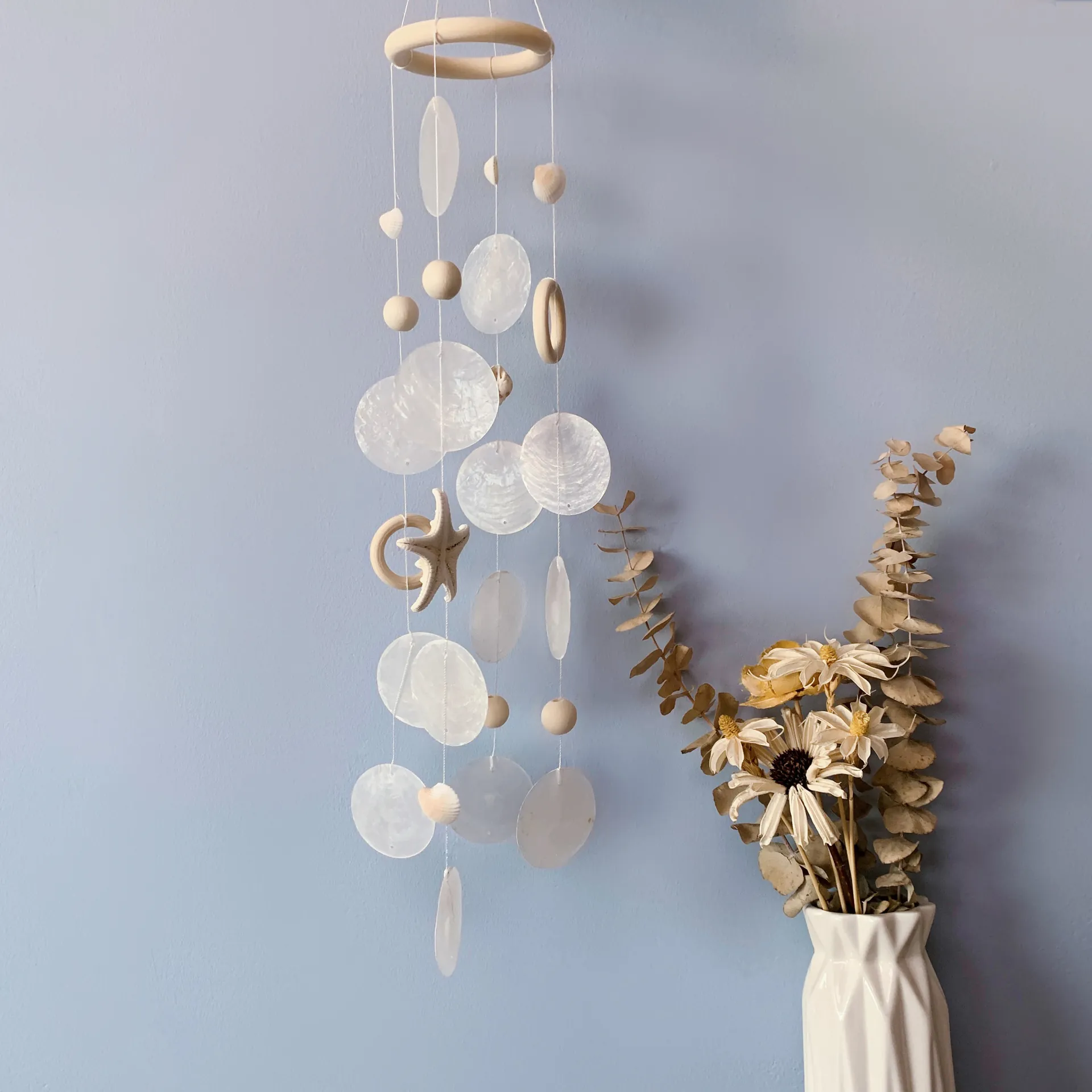 Natural Shell Starfish Wind Chimes Handmade Wooden Mediterranean Ocean Style Hanging Ornament For Home Window Wall Decor
