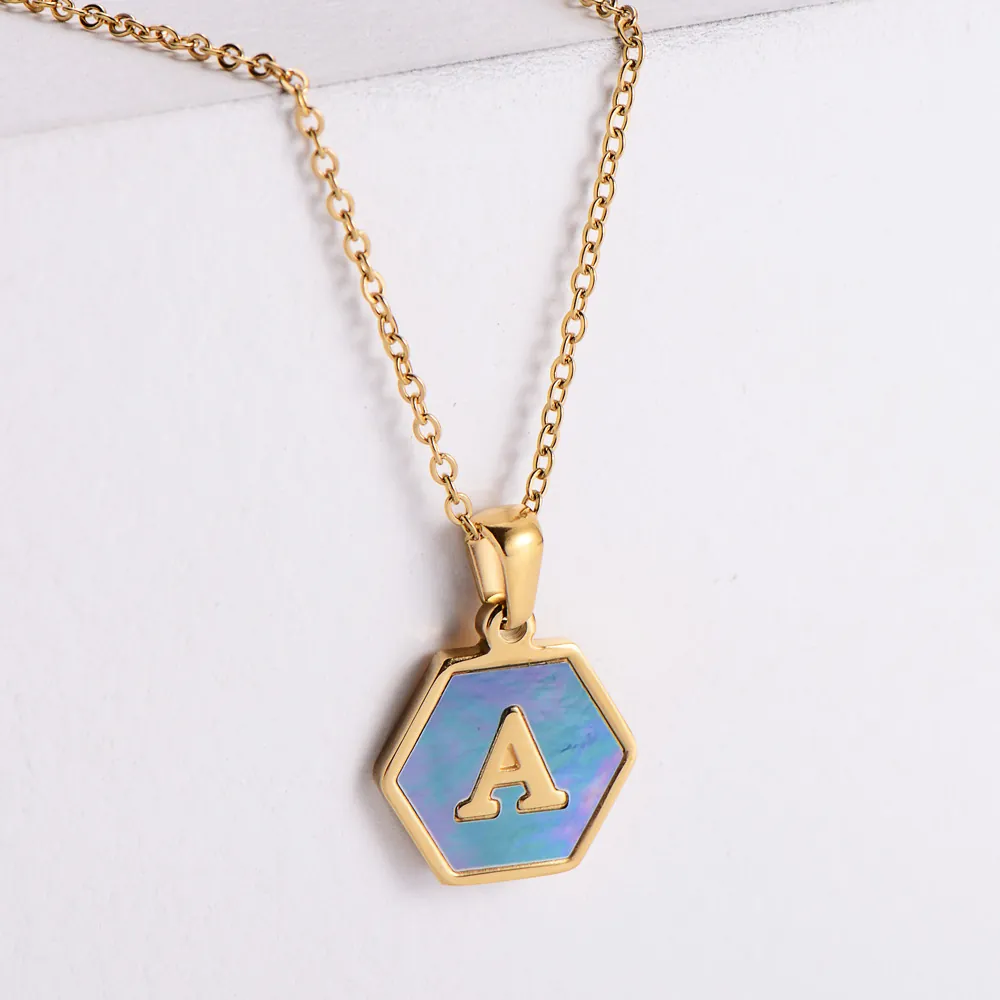 Hexagon Pendant Necklace With Blue Shell Inlay Initial Letter Stainless Steel Gold Plated Minimalist Jewelry For Women