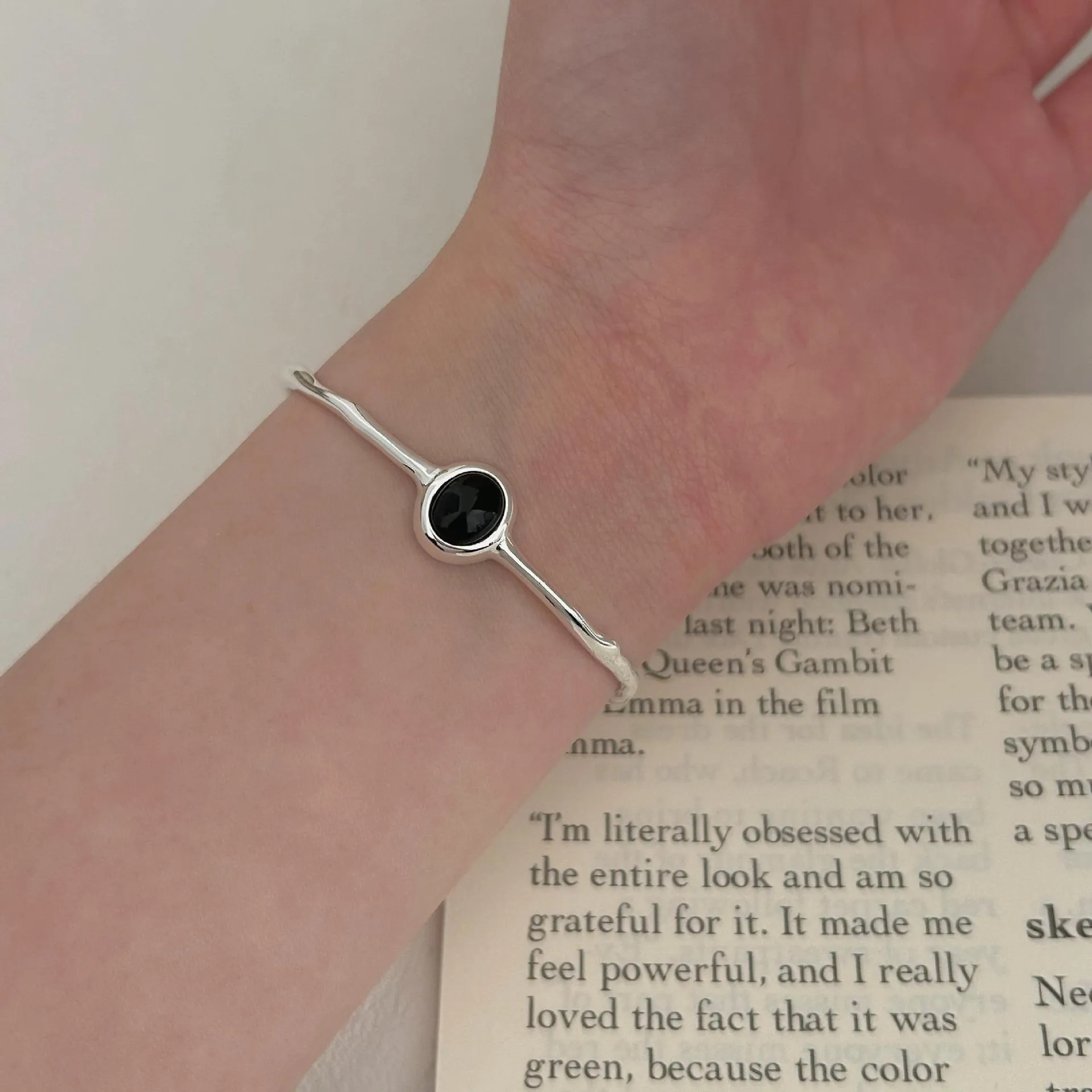 Minimalist 925 Sterling Silver Bangle With Oval Black Agate Irregular Geometric Line Open Adjustable Bracelet For Women