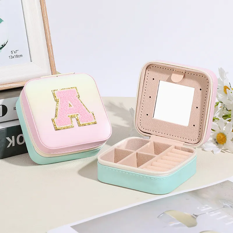 Gradient Macaron Color Jewelry Box PU Leather Portable Travel Organizer With Mirror Zipper For Rings Earrings