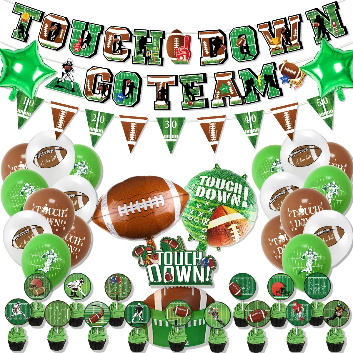 Football Theme Party Decorations Latex Foil Balloons Paper Cake Toppers Hanging Swirls Sports Fans Event Green