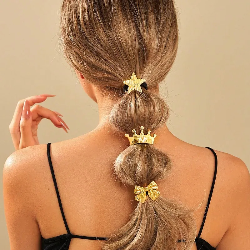 Elastic Hair Ties With Metal Crown Star Bow Ornaments Gold Tone Minimalist Ponytail Holder For Women Girls Sweet Style