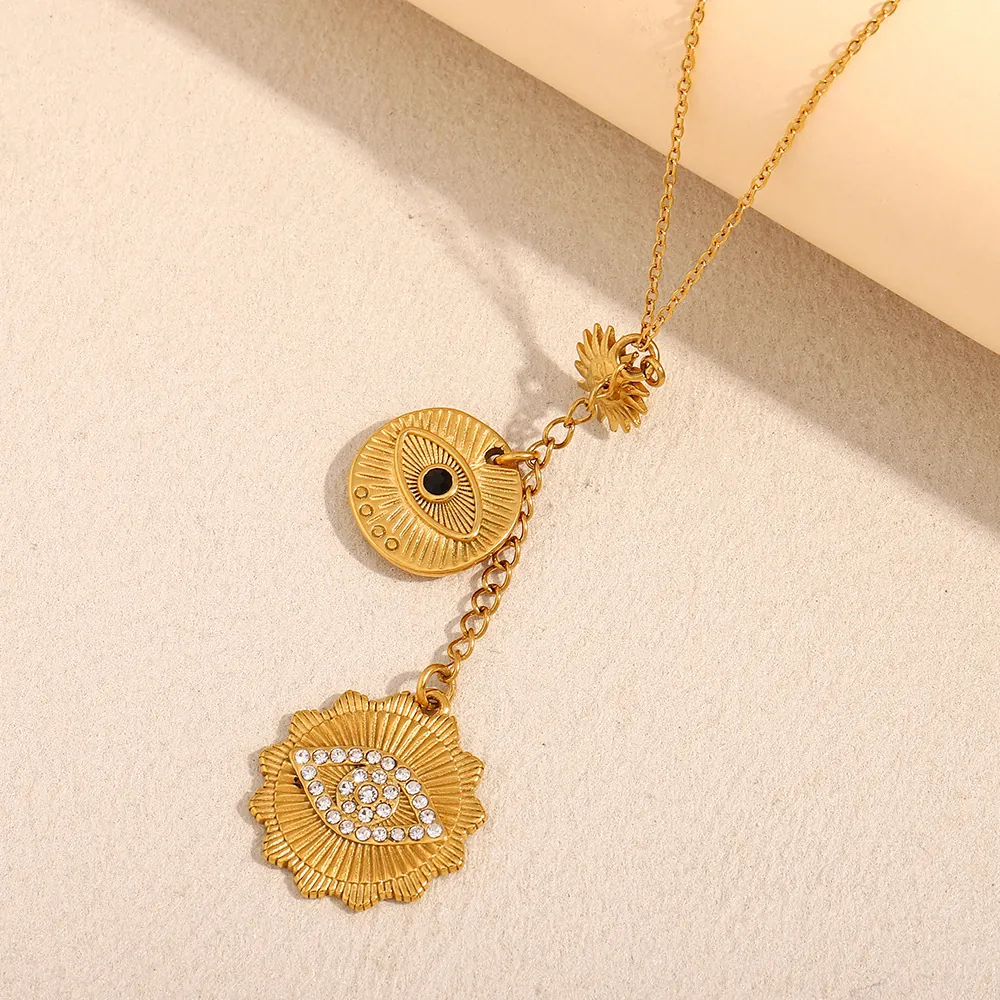 Evil Eye Sun Medallion Necklace Stainless Steel 18K Gold Plated Rhinestone Boho Vintage Jewelry For Women