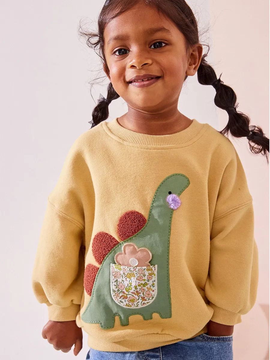 Girls Long Sleeve Cotton Sweatshirt Dinosaur Applique Crew Neck Casual Pullover Top For Autumn Spring