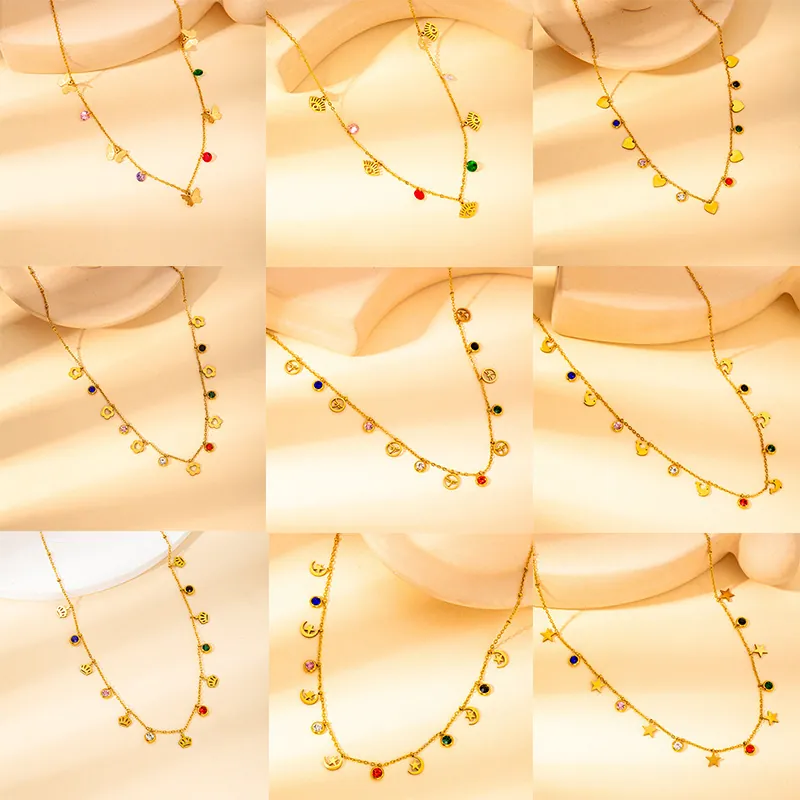 Colorful Zircon Pendant Necklace Stainless Steel Gold Plated Multi Shape Butterfly Heart Star Moon For Women Fashion Jewelry