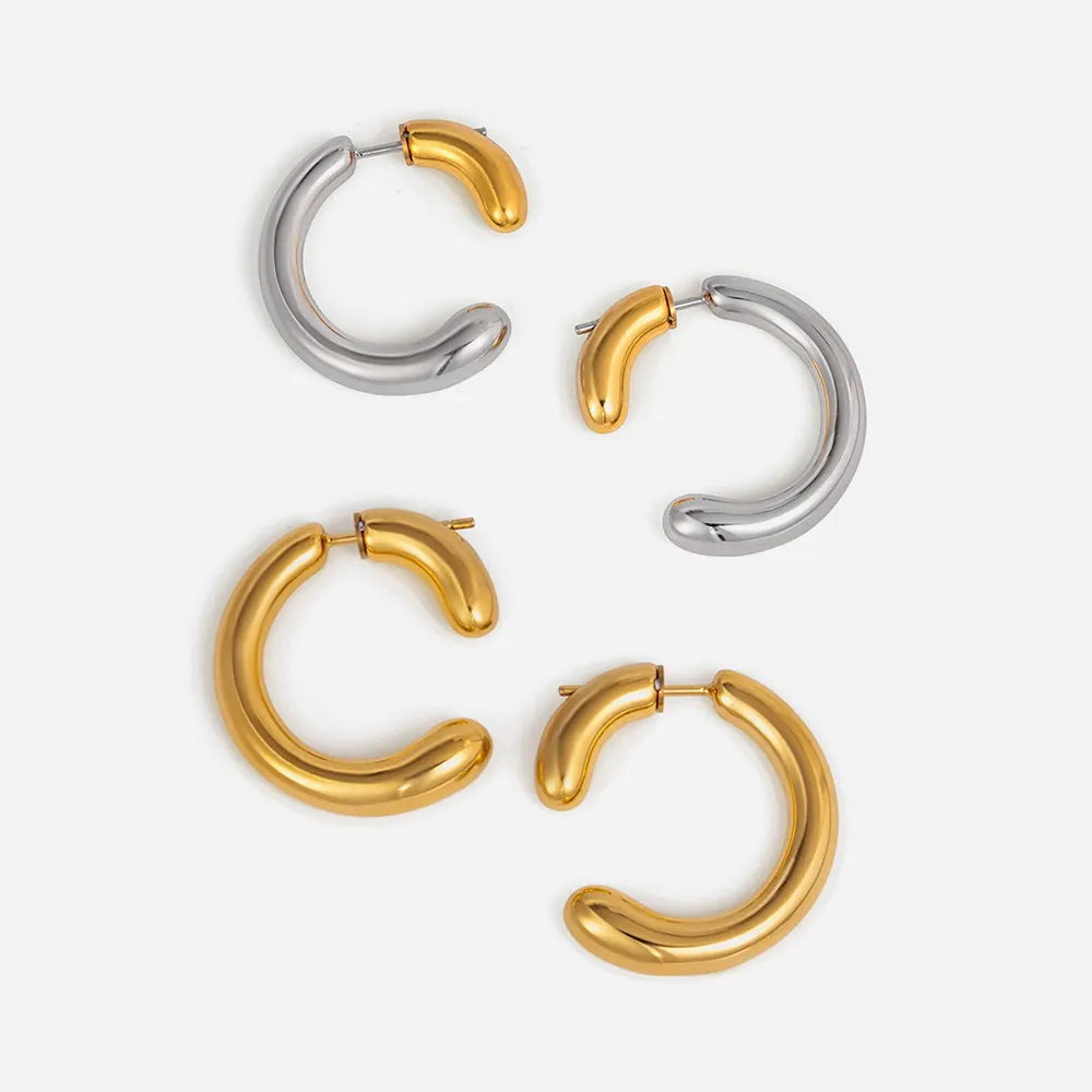 Boucles d'Oreilles Créoles Chunky en Acier Inoxydable Plaqué Or 18K Minimaliste Moderne Géométrique en Forme de C Bicolore Femme Bijoux