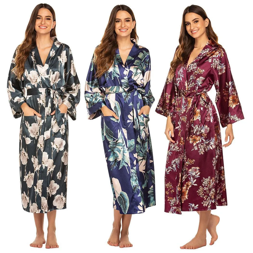 Women Long Satin Kimono Robe Satin Like Floral Patterned Sleepwear V Neck Bathrobe With Waist Tie And Pockets Loungewear