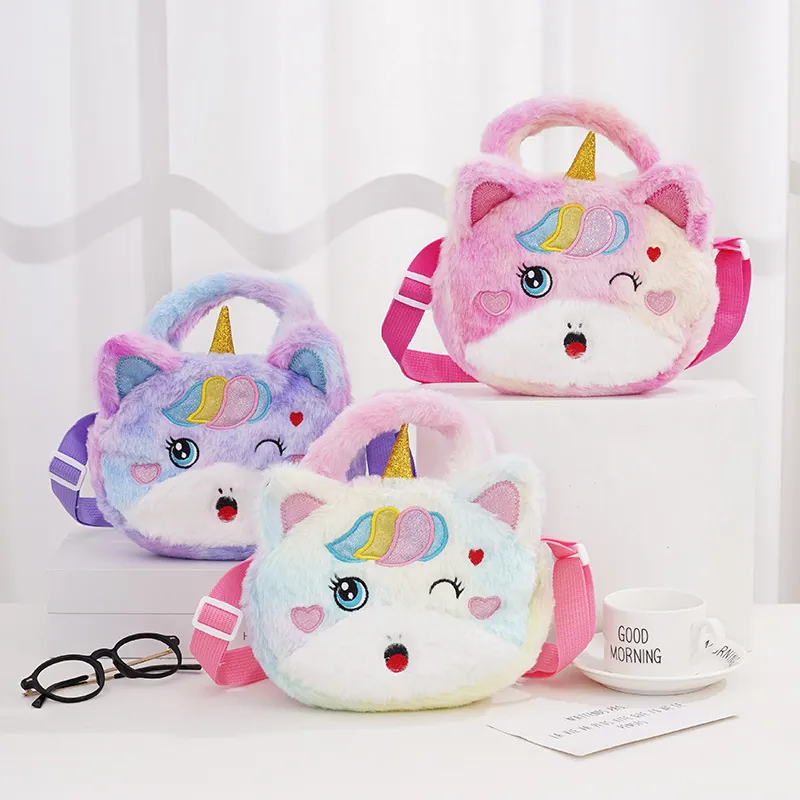 Kids Plush Unicorn Crossbody Bag Cute Cartoon Rainbow Gradient Shoulder Handbag For Girls Toddlers Adjustable Strap