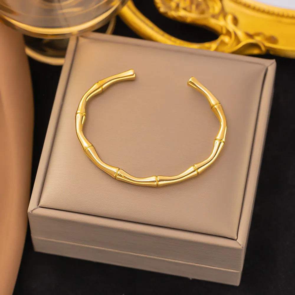 Bamboo Joint Open Cuff Bangle Bracelet Titanium Steel Minimalist Luxury Elegant Jewelry For Women Fashion Accessory
