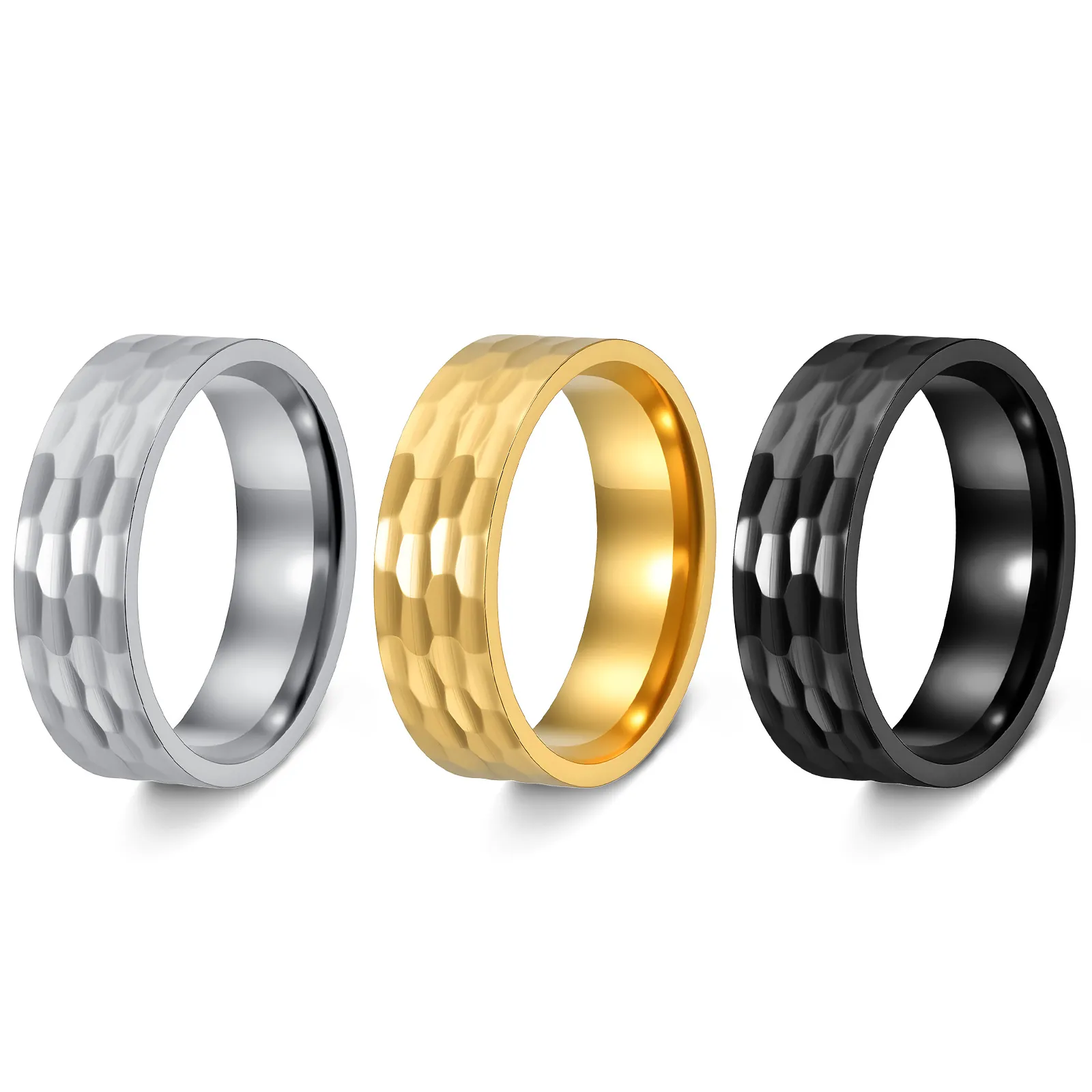 Hammered Titanium Steel Ring Vintage Punk Wide Band For Men Women