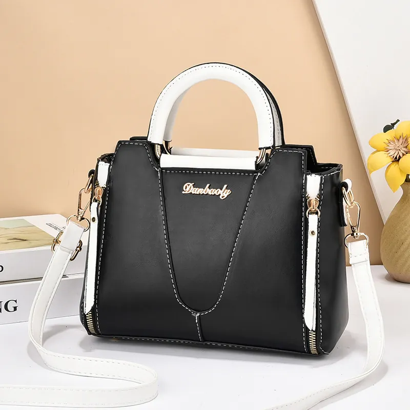 Women Stylish Contrast Color PU Leather Handbag Elegant Large Capacity Top Handle Bag With Adjustable Shoulder Strap