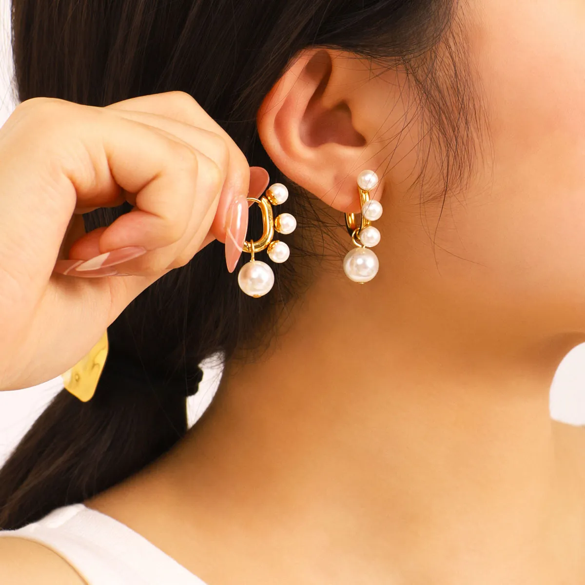 Boucles D'oreilles Künstliche Perles Plaqué Or 18K Acier Inoxydable Forme U Géométrique Mode Pour Femmes Imperméable Hypoallergénique