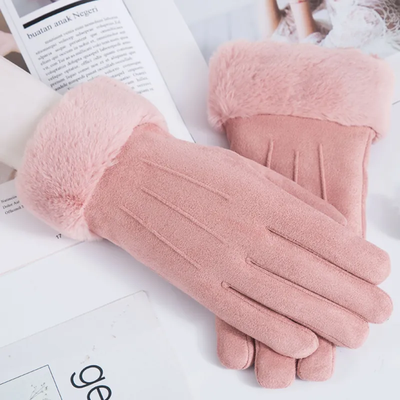Women Suede Fabric Winter Warm Gloves Faux Fur Cuff Touchscreen Compatible Windproof Thickened Thermal Outdoor Cycling Driving Gloves