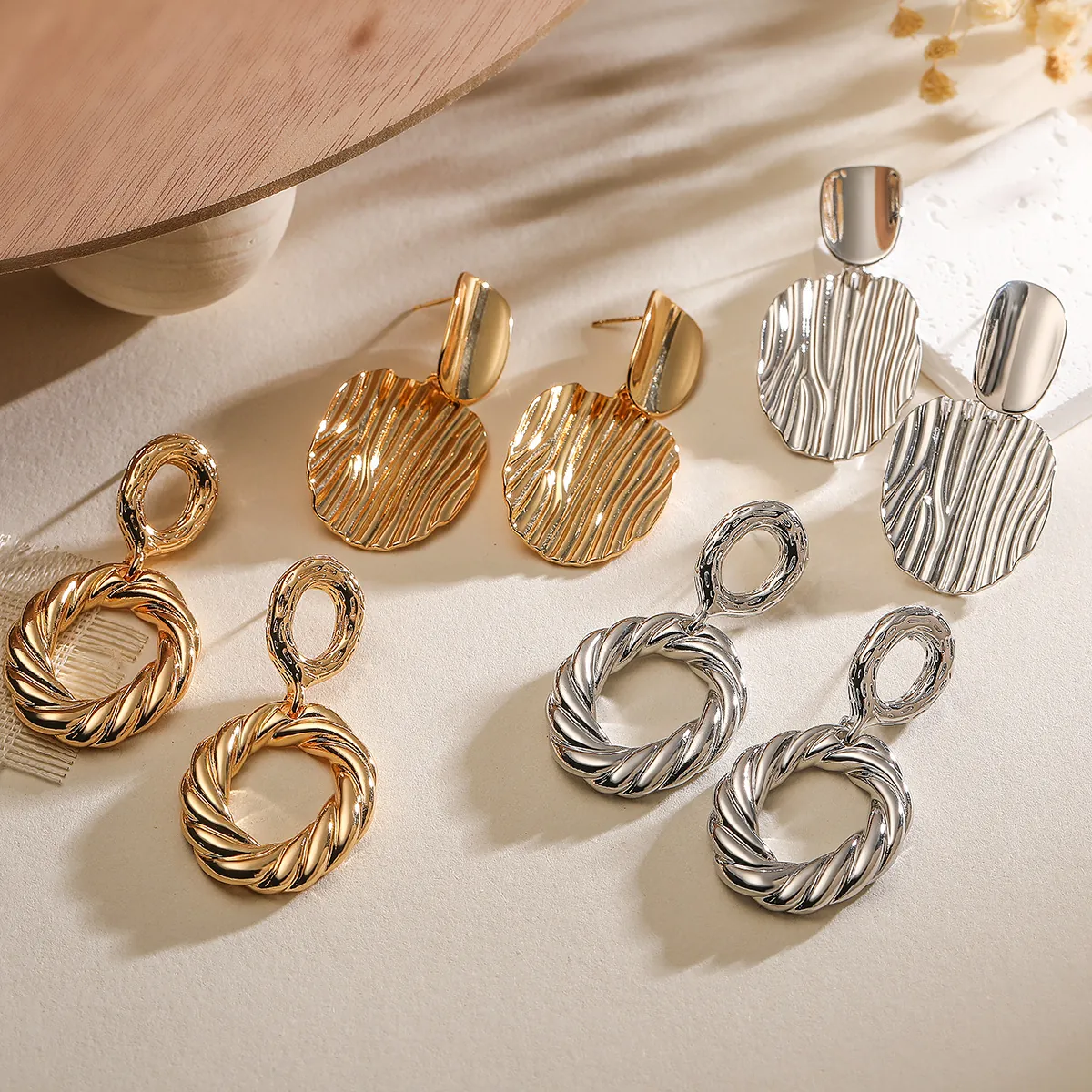 Geometric Drop Earrings Copper Gold Silver Plated Twisted Wavy Rippled Texture Irregular Minimalist Exaggerated Jewelry For Women