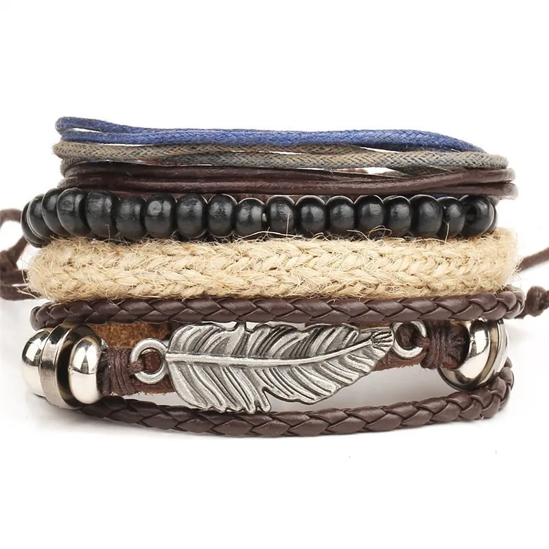 Retro Bohemian Mehrlagiges Lederarmband Damen Herren Metall Feder Anhänger Wachsschnur Holzperle Geflochtener Schmuck