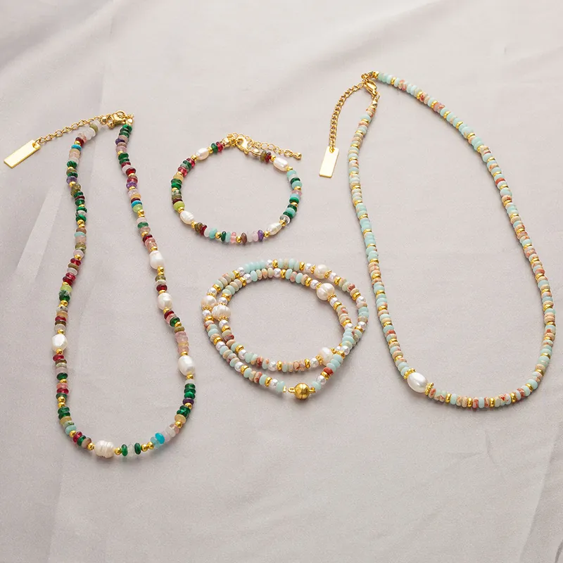 Colorful Beaded Jewelry Set For Women Artificial Pearl Lampwork Glass Heart Dopamine Necklace Bracelet Set Fashion Accessories