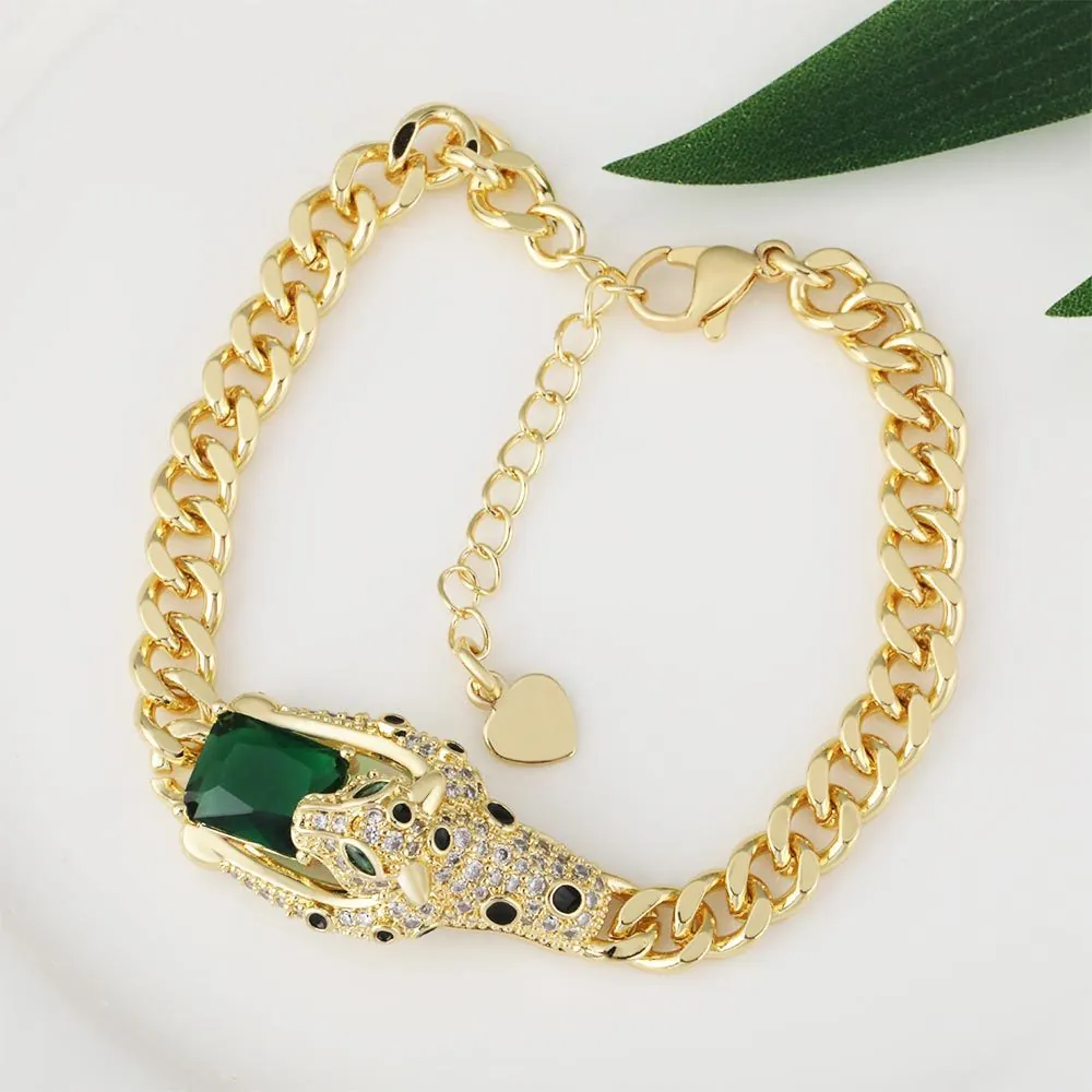 Hip Hop Exaggerated Cuban Chain Leopard Head Bracelet For Men Women Gold Plated Rhinestone Inlaid Animal Panther Bracelet