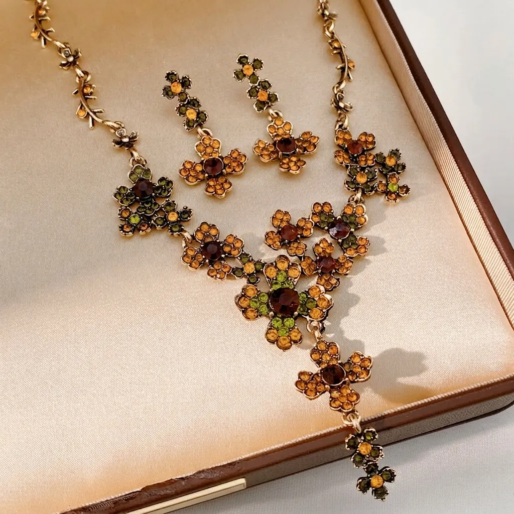Parure De Bijoux Floraux Vintage Strass Multicolore Collier En Alliage Et Boucles D'oreilles Croix Avec Tige En Argent