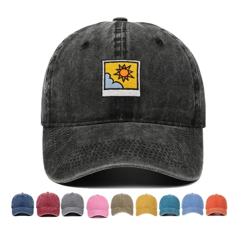 Washed Cotton Baseball Cap Polaroid Sun Cloud Embroidery Patch Distressed Vintage Casual Adjustable Sun Hat For Men Women