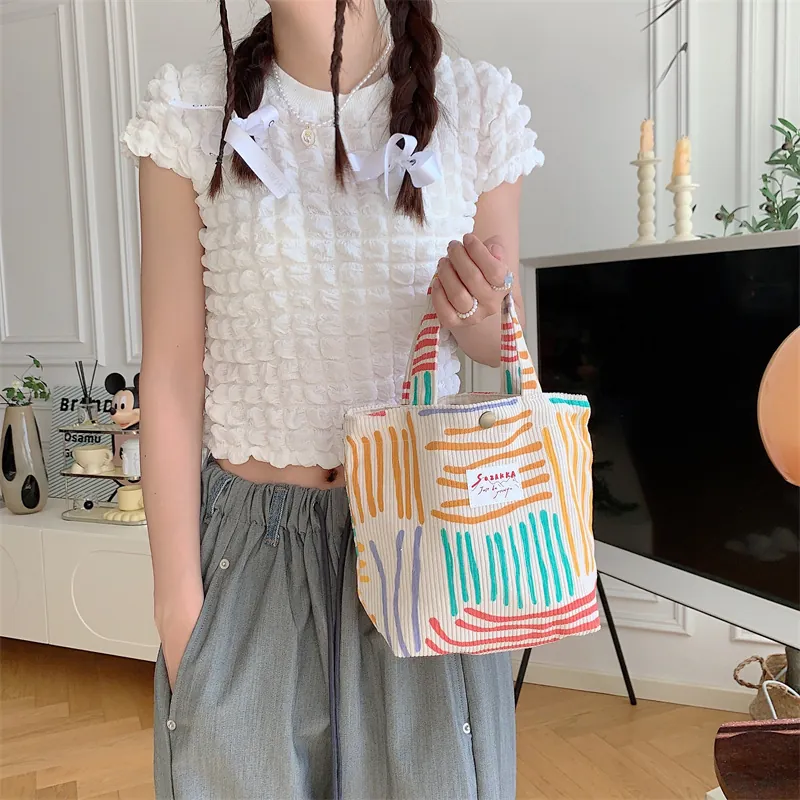 Corduroy Tote Bag Colorful Abstract Stripe Large Capacity Shoulder Handbag For Women Daily Commute Artistic Casual Style