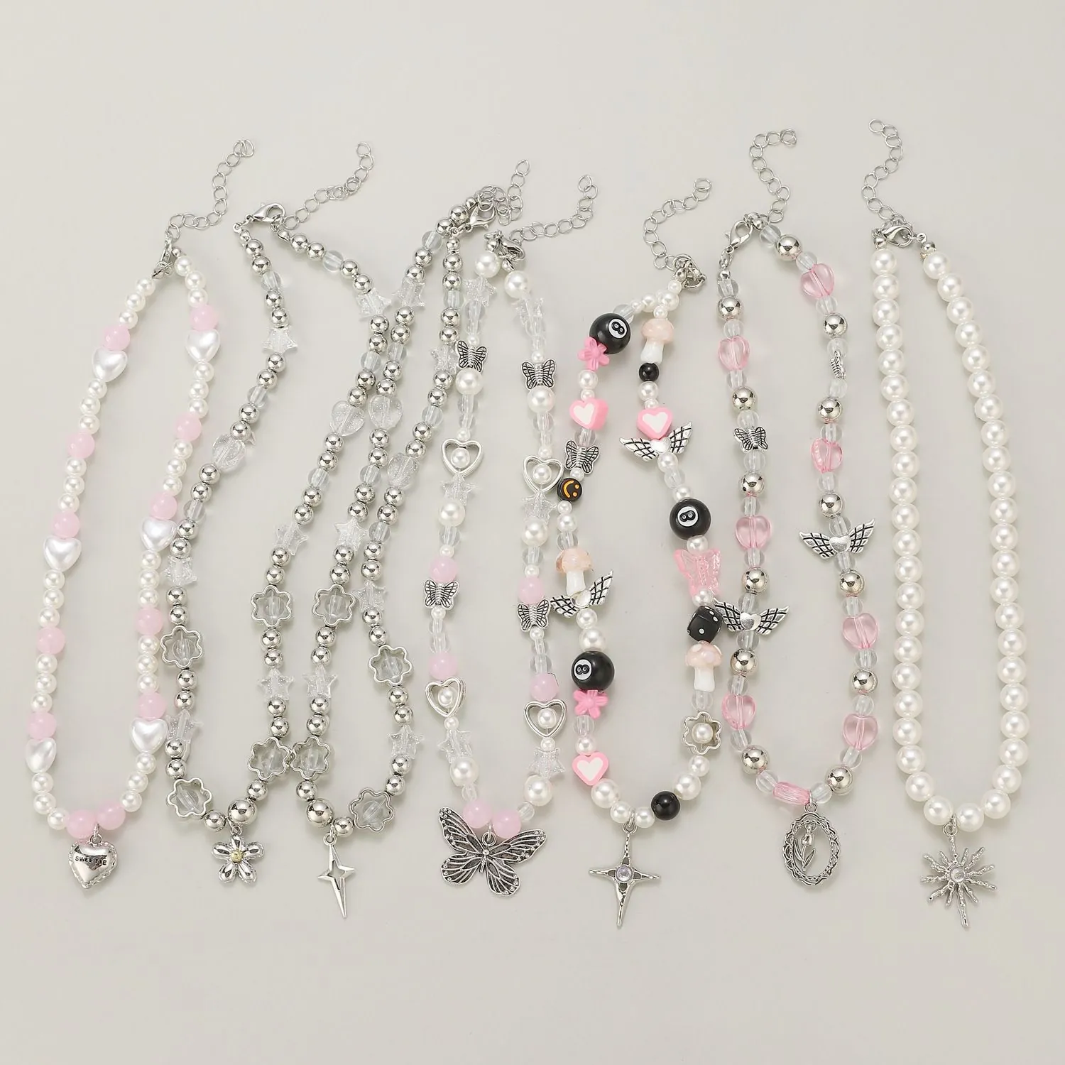 Y2K Gothic Beaded Necklace With Alloy Butterfly Cross Star Pendants Faux Artificial Pearl Acrylic Beads Sweet Cool Style For Women