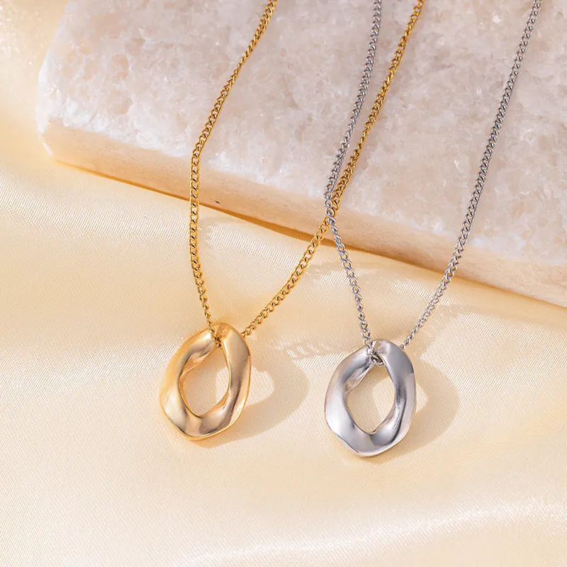 Minimalist Geometric Stainless Steel Pendant Necklace For Women Irregular Round Oval Hollow Design Gold Plated Fashion Jewelry