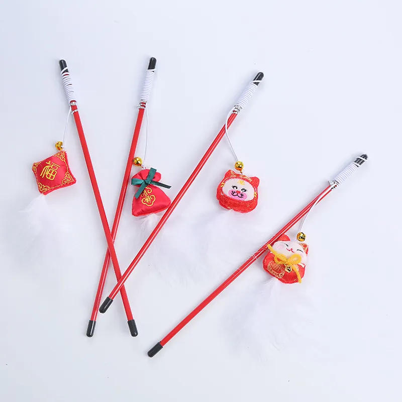 Cat Teaser Wand Red Plush Pendant With Bell White Feather Plastic Elastic String Interactive Toy For Indoor Cats