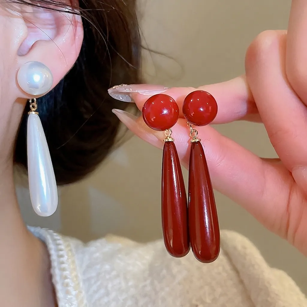 French Minimalist Teardrop Artificial Pearl Drop Earrings Elegant Resin Water Drop Dangle Earrings For Women Fashion Jewelry