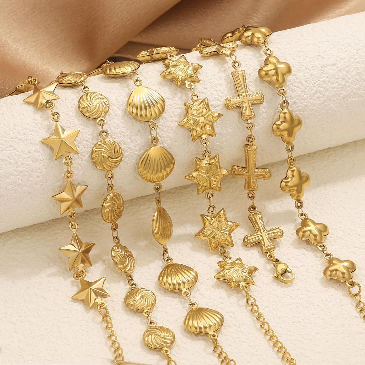 Minimalist Stainless Steel Gold Plated Bracelet For Women Shell Heart Cross Star Geometric Bohemian Fashion Jewelry Gift