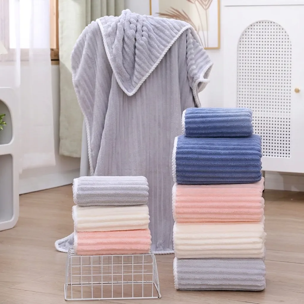 Coral Velvet Striped Absorbent Bathroom Bath Towels Hand Towels And Hair Drying Cap Soft Quick Dry Home Essentials