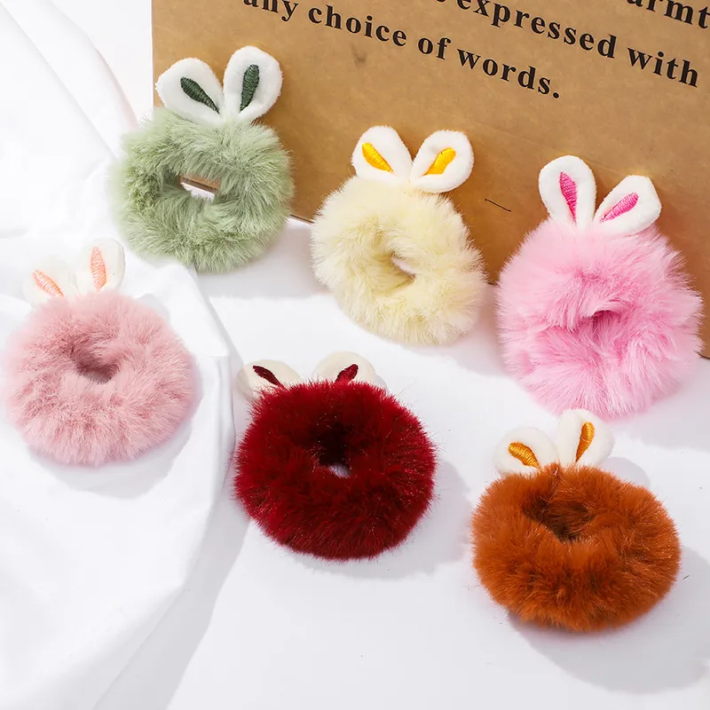 Plush Bunny Ears Hair Scrunchies Faux Rabbit Fur Soft Elastic Hair Ties For Women Girls Winter Sweet Style