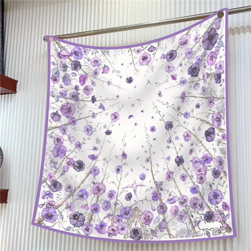Women's Satin Square Scarf Violet Floral Print Artistic Water Ink Bird Pattern Twill Silk Like Lightweight Shawl For Lady Travel Decor