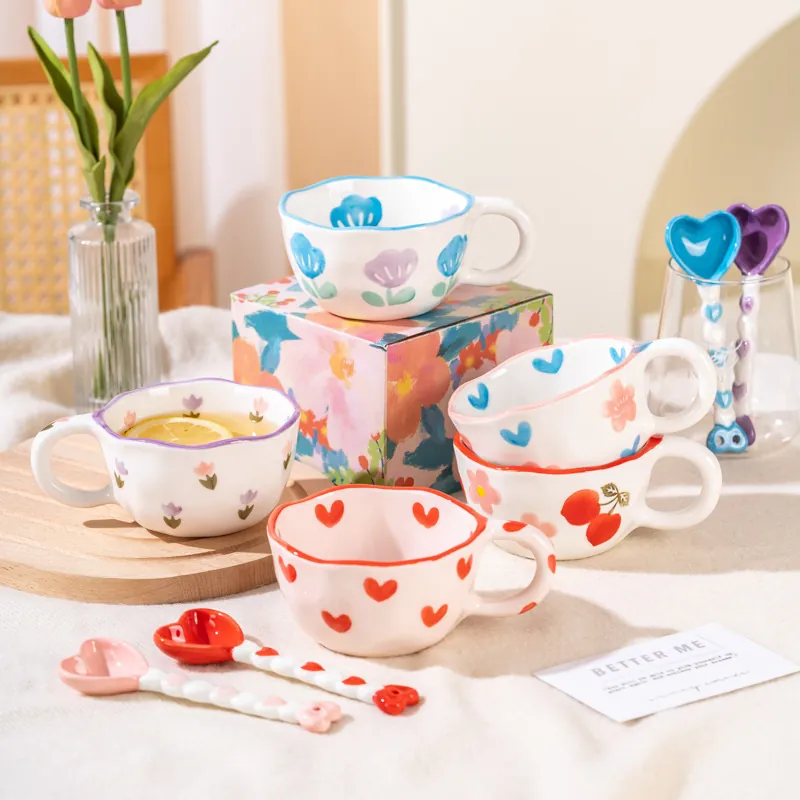 Ceramic Mug And Heart Spoon Irregular Wave Rim Hand Painted Floral Heart Pattern Ins Style Cute Drinkware Coffee Cup