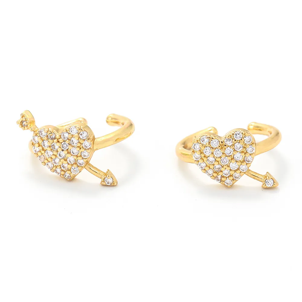 Cupid's Arrow Heart Ear Bone Clip Copper Zirconia Minimalist Ear Cuff Non Pierced Earrings Romantic Gold Silver Women Jewelry